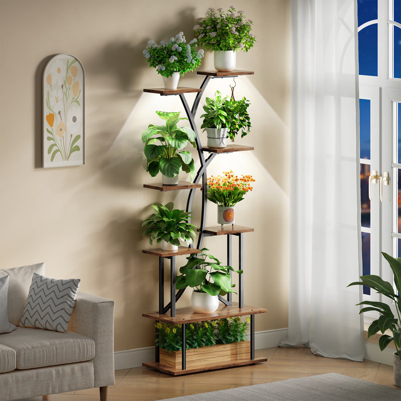 Support pour plante 67,32 po avec lumières de croissance Wahkon (ensemble de 2), Brun rustique / noir