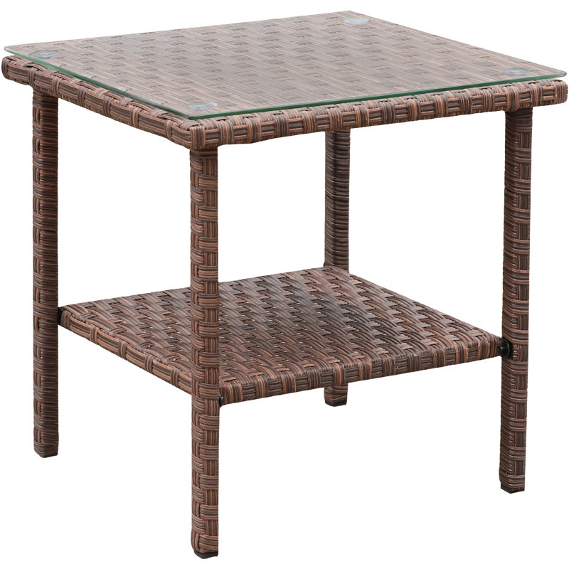 Lavara Outdoor Wicker Side Table Patio Coffee Table Glass Top 2-layer End Square Table, Brown