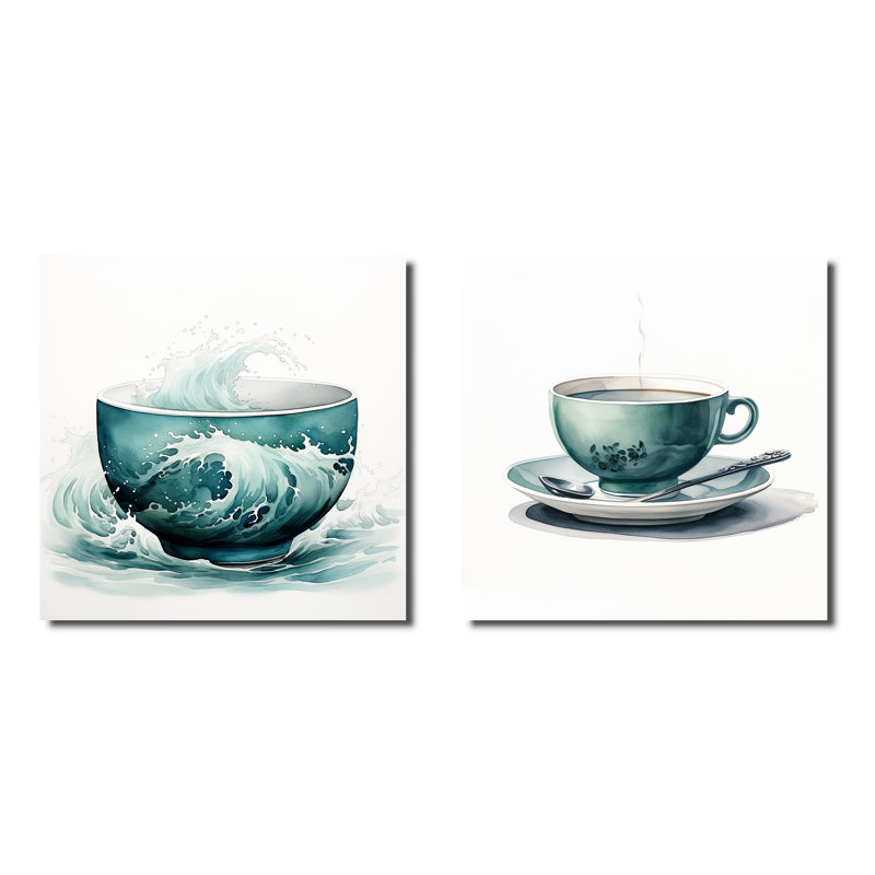 Green Green Teacup Delight I - ensemble d'art mural chinois sur toile, 2 pièces, Toile tendue, H 16 po x l 33 po x P 1 po