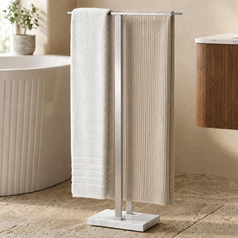 Porte-serviettes autoportant à deux niveaux en acier inoxydable 37 po avec base en marbre, Brushed Finish