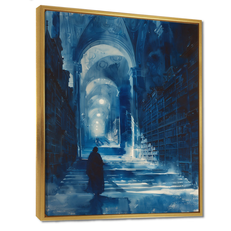 «Blue Wizards Library Keepers I», reproduction d'art mural, Cadre flottant doré, H 32 po x l 16 po x P 1 po