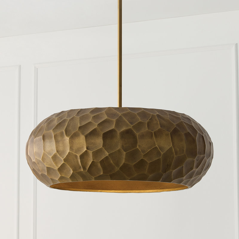 26" W x 9.75" H 4-Light Faceted Drum Pendant in Burnished Patinaed Brass with Handcrafted Sandcast Distressed Texture