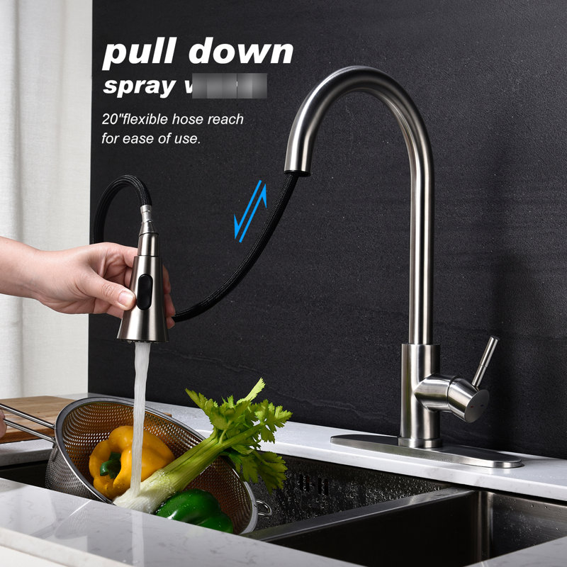 Modern Stainless Steel Kitchen Faucet With Pull Out Spray Option, Brushed Nickel Appearance, Simple Installation Tips Finish,