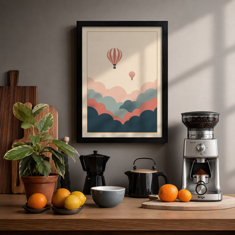 Balloons Above Clouds Minimalist - Framed Print, A2 - 59.4 x 42.0 cm, Black