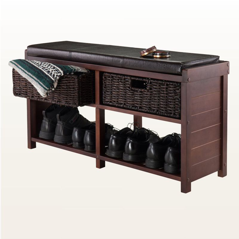 Banc de rangement Wren avec 2 paniers pliables en écorce de maïs brun, H 19,99 po x l 38,08 po x P 11,58 po