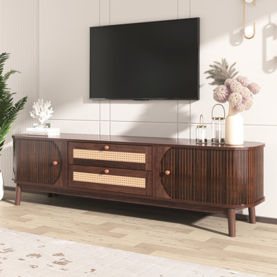 Console brune avec pieds en bois massif et plateau de table imperméable pour téléviseur de 60 à 69 po. Meuble à finition texturée, pieds, rangement multifonctionnel et fonctionnalité pratique