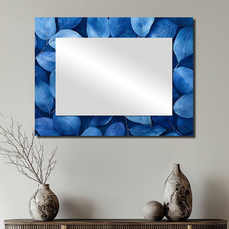 Indigo feuilles feuillage collage II - art mural miroir floral - imprimé sur métal, 24 po x 32 po