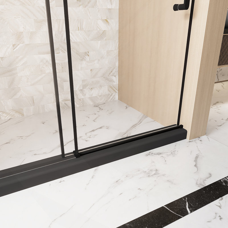 Frameless Single Sliding Shower Door  48 "W X 76" H, 1/4 "(6 Mm) Clear Tempered Glass, Explosion Proof Film, Stainless Steel Handle Square Tube Track ,Matte Black