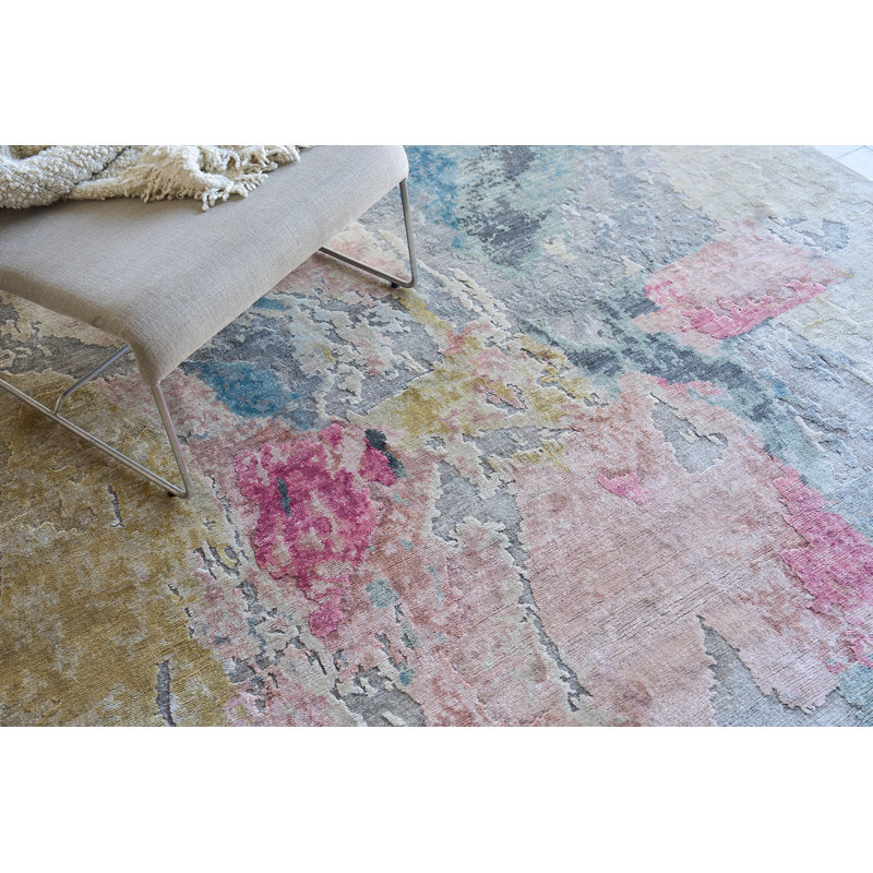 Rectangle Floor Art Abstract Hand-Knotted Bamboo Slat/Seagrass Area Rug in Silver/Blush, Rectangle 6' x 9'