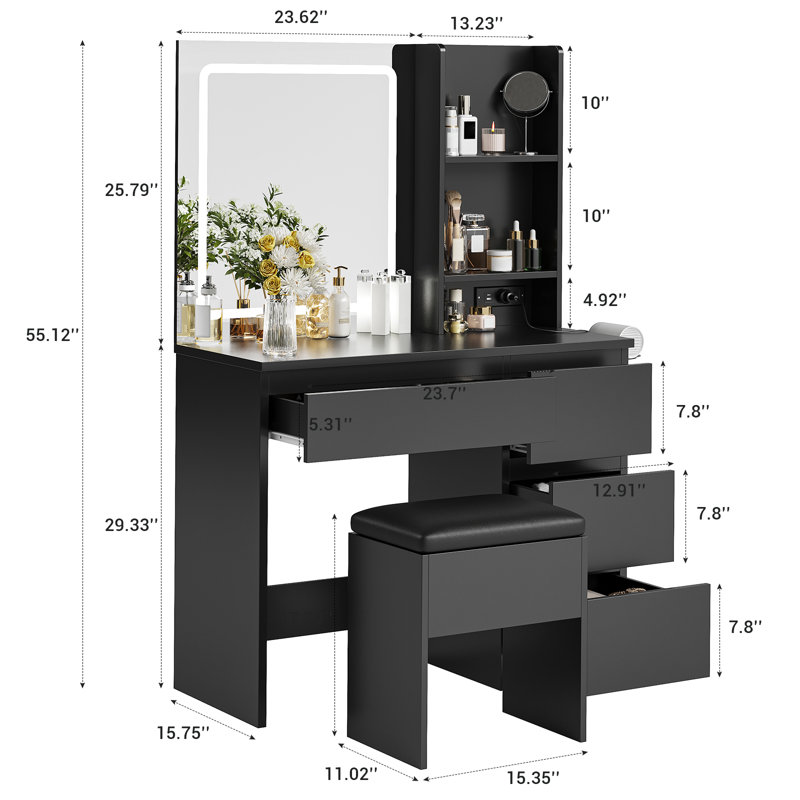 Makeup Vanity Desk Set with Lighted Mirror, LED Lighting, 4 Drawers, Storage Stool, Built-In Power Outlet & Shelves, Dressing Table for Bedroom or Dressing Room