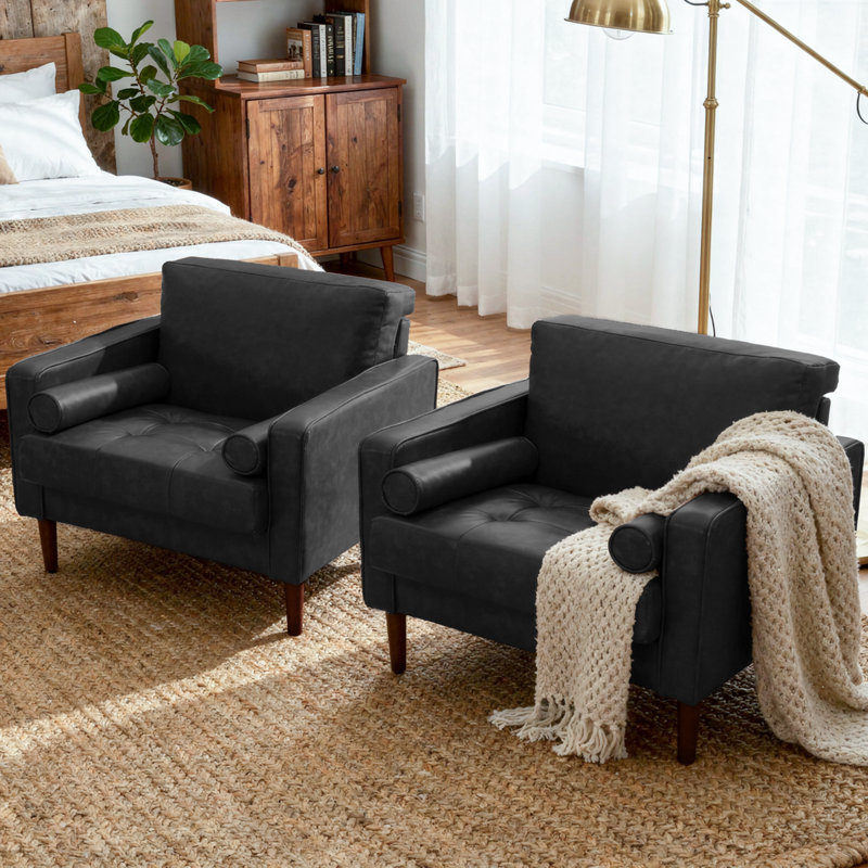 Fauteuil club capitonné à accoudoirs carrés en similicuir avec 2 coussins, Black