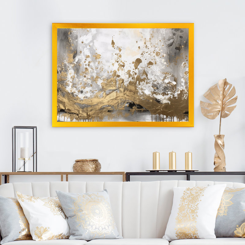 Art moderne abstrait blanc et or - art mural abstrait, H 12 po x l 20 po x P 1 po, Encadrement doré