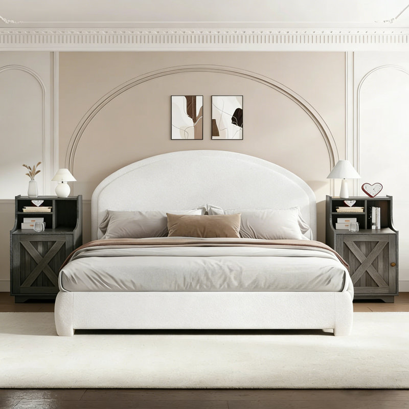 Ensemble de lit plateforme tapissier avec 2 tables de chevet fermières Boucle - Ensemble de chambre à coucher 3 pièces