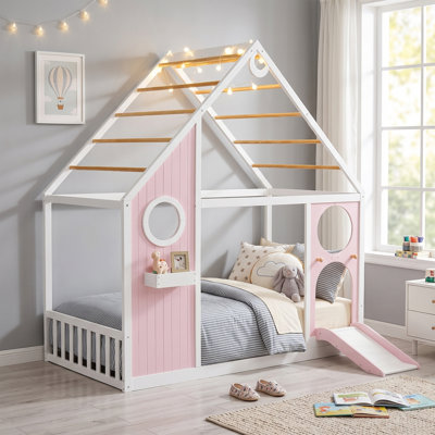 Lit maison avec glissade, bande lumineuse en boule, maisonnette en bois pour des chambres amusantes et confortables