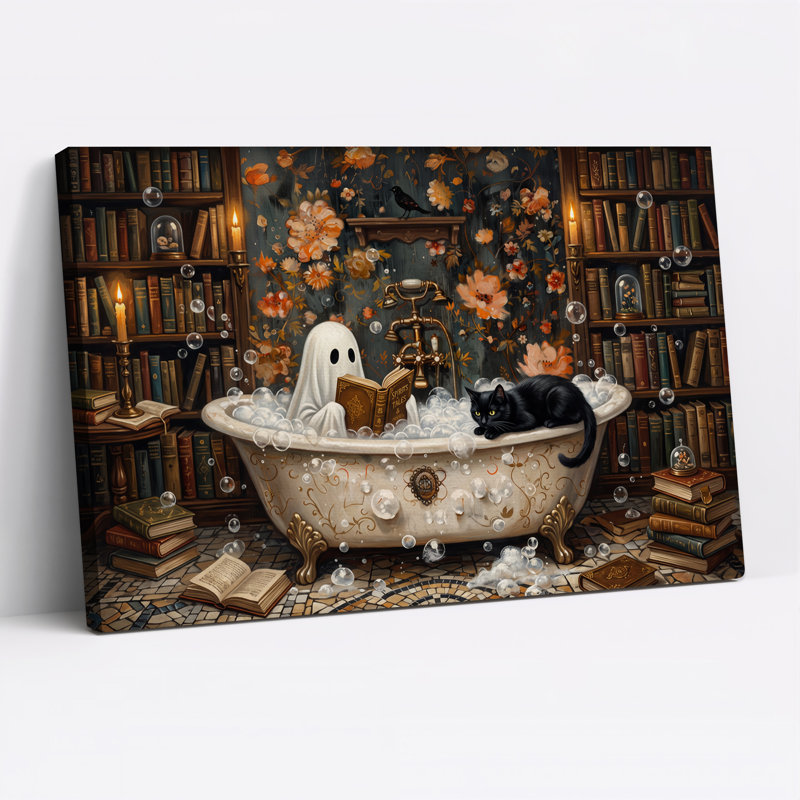 Fantôme et chat noir lisant un livre dans une baignoire, art mural d'Halloween sur toile, H 16 po x l 24 po