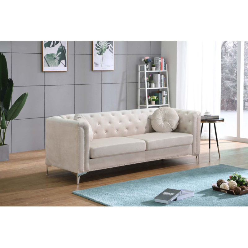 Canapé moderne Mid-Century Pompano avec microsuède doux, pieds chromés et coussins à ressorts ensachés confortables