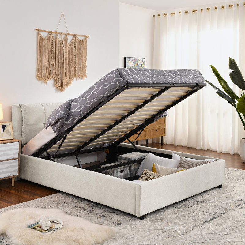 Grand lit plateforme tapissier hydraulique avec tête de lit intégrée, tissu chenille et base de lit