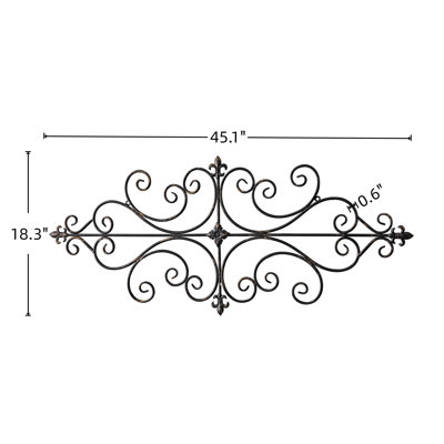 Vintage Black Wrought Iron Wall Decor 45" X 18", Hanging Distressed Finish Fleur De Lis Scroll Metal Wall Art
