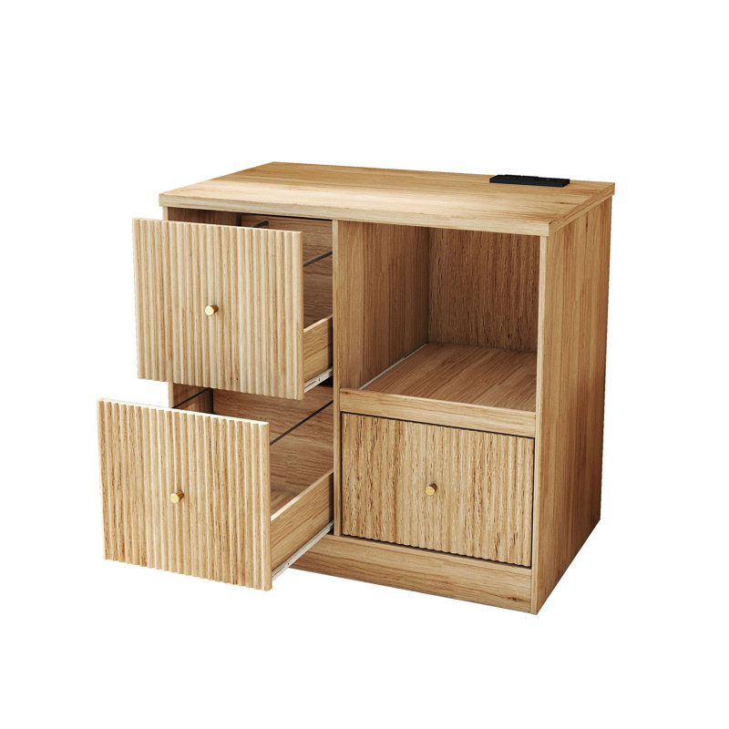 31.5"W 3-Drawer File Cabinet with Charging Station, Pull-Out Open Shelf and Anti-Tipping Design, Natural Wood