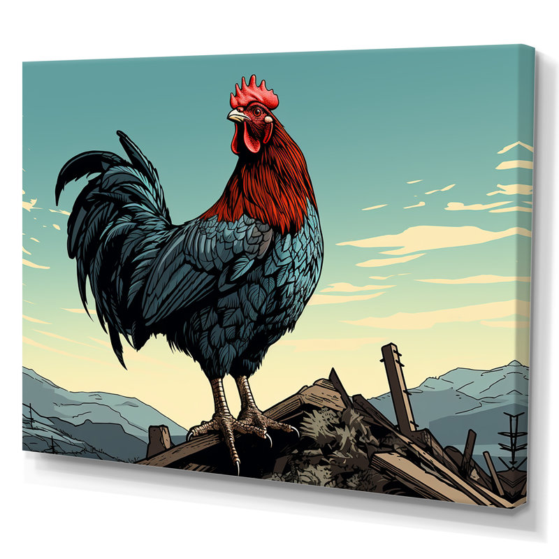 Coq à la ferme, lever de soleil, Toile tendue, H 30 po x l 40 po x P 1,5 po