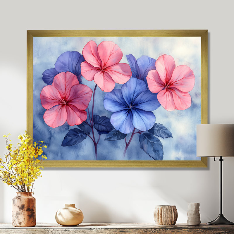 Geranium Glow In Blue Watercolors Watercolor - reproduction d'art sur toile florale, Cadre simple, H 12 po x l 20 po, Doré