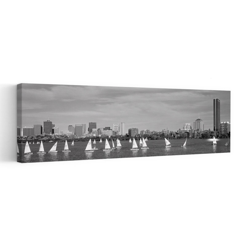 USA Massachusetts Boston Charles River View of boats on a river by a city 1 Piece Wrapped Canvas Panoramic Wall Art