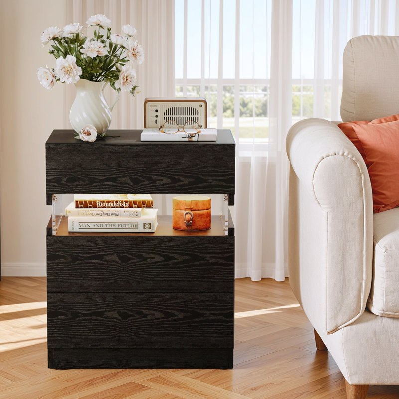 20"W X 24"H Modern 3-drawer Nightstand With Led Lights, Wood Bed Side Table With Open Cubby Storage, End Table For Bedroom, Living Room