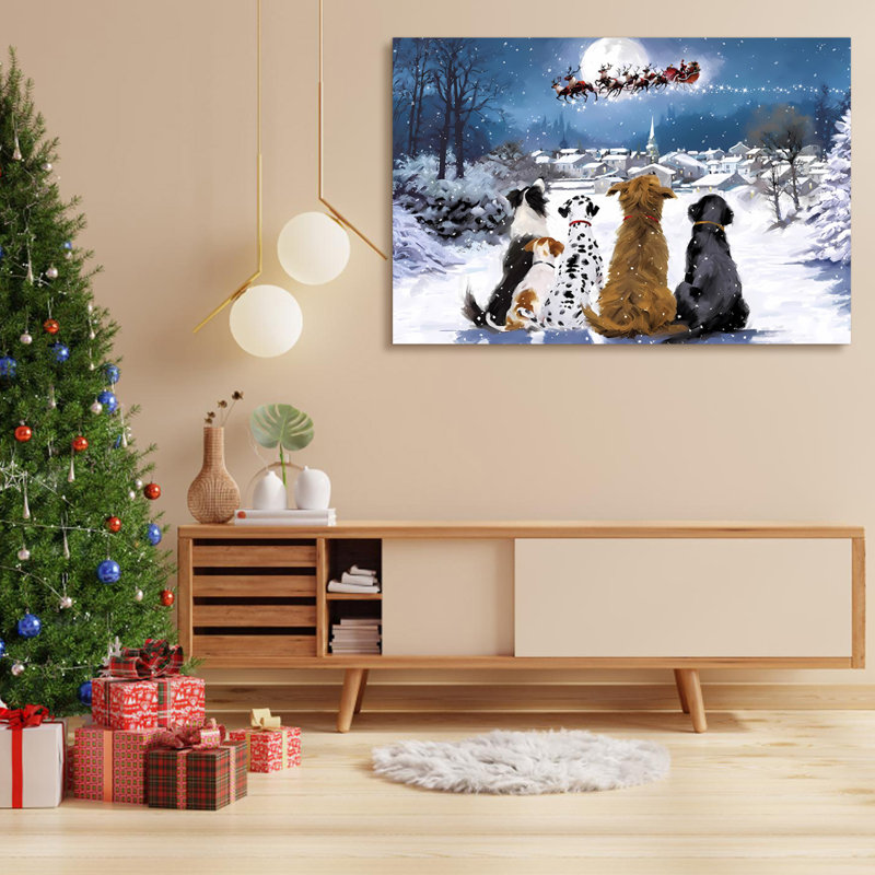 Toile encadrée, décoration de Noël, peinture de chiens mignons regardant le Père Noël, peinture pour cadeau de Noël, bureau, salle à manger, salon, salle de bain, chambre à coucher
