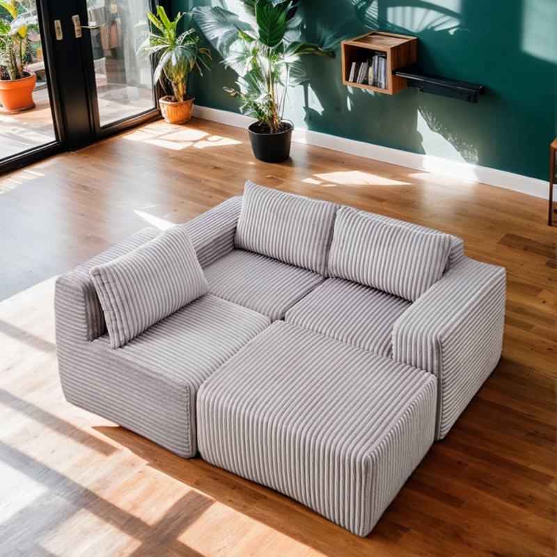 Canapé modulaire en L, Velours côtelé gris pâle