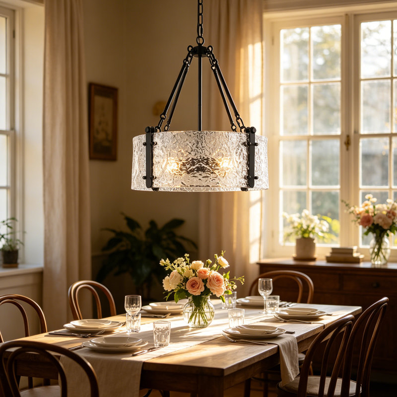 Glass Drum Chandelier for Dining Room，4-Light Round Glass Dining Room Light Fixtures Over Table
