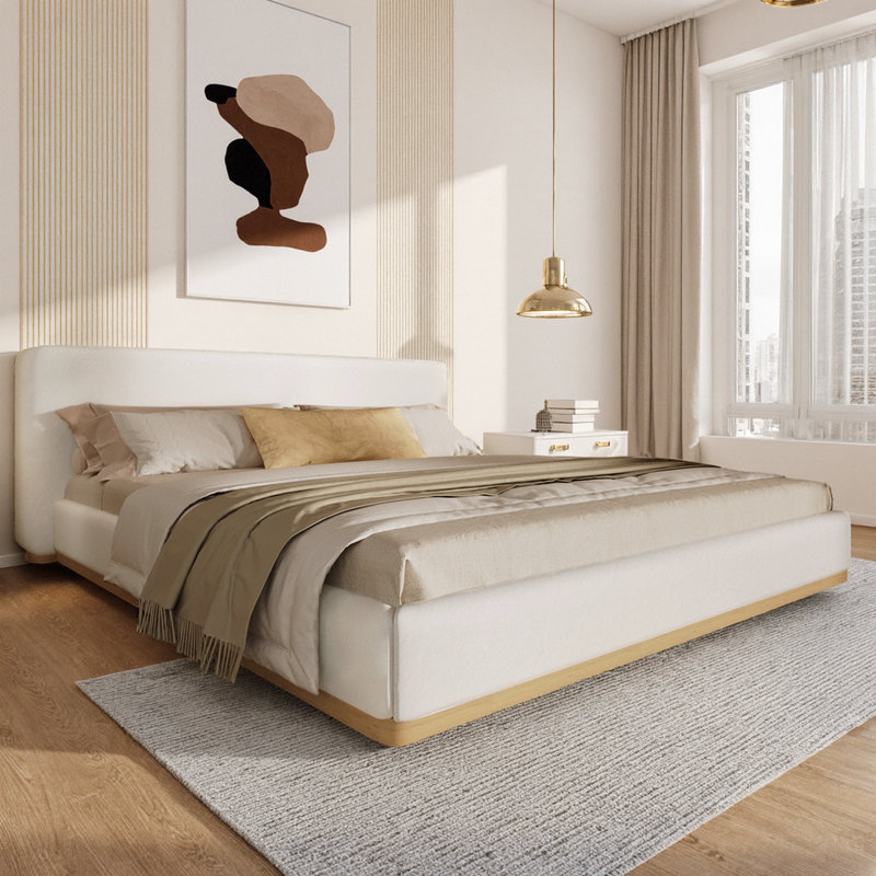 King White Upholstered Bed with Rounded Design & Strong Slatted Frame