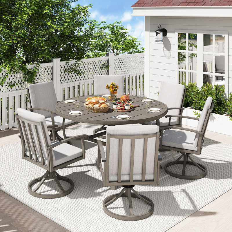 Ensemble repas 7 pièces en aluminium gris avec 6 chaises pivotantes et coussins lavables gris clair Moffett, 6
