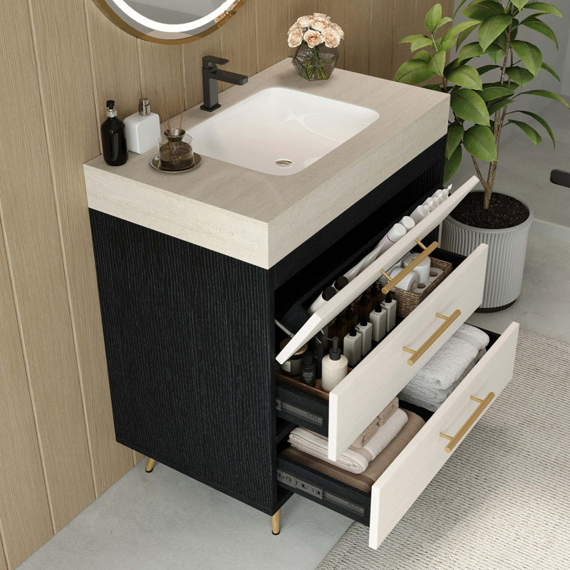 Meuble-lavabo autoportant moderne avec lavabo vasque en céramique et plateau en pierre frittée, Noir / blanc, Gris Pierre