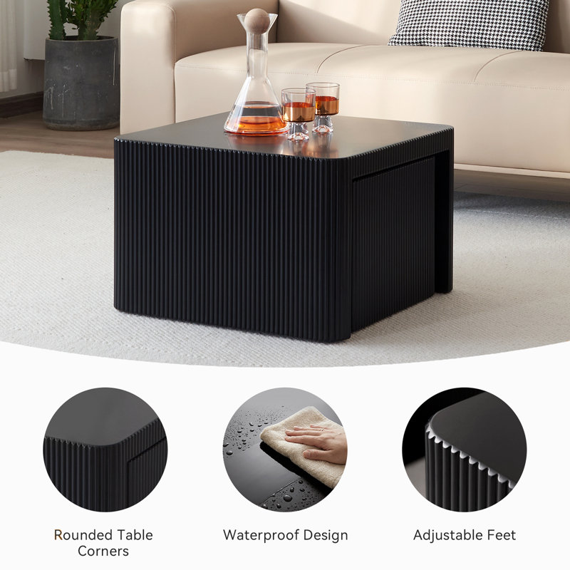 Square Nesting Coffee Table, Wooden Coffee Table, No Need Assembly Modern Fluted Nesting Tables Coffee Tables For  Living Room