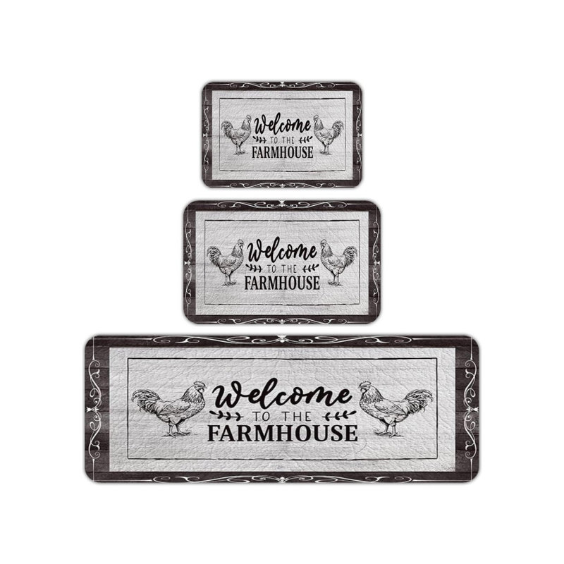 Tapis de cuisine Farmhouse Rooster Welcome, 3 pièces, noir
