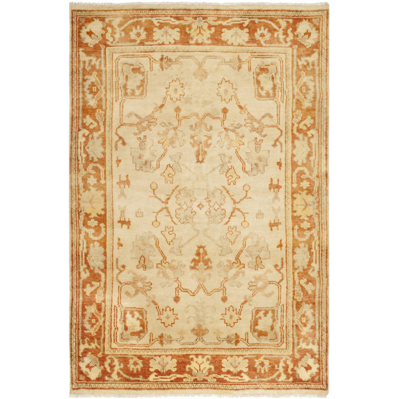 Hand-Knotted Ivory and Rust Wool 4' x 6' Area Rug