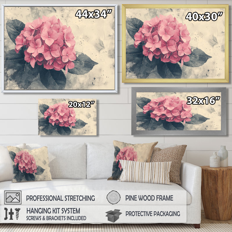 Simple hortensia rose dans un jardin monochrome II - art mural grand hortensia, Impression sur cadre flottant, Noir