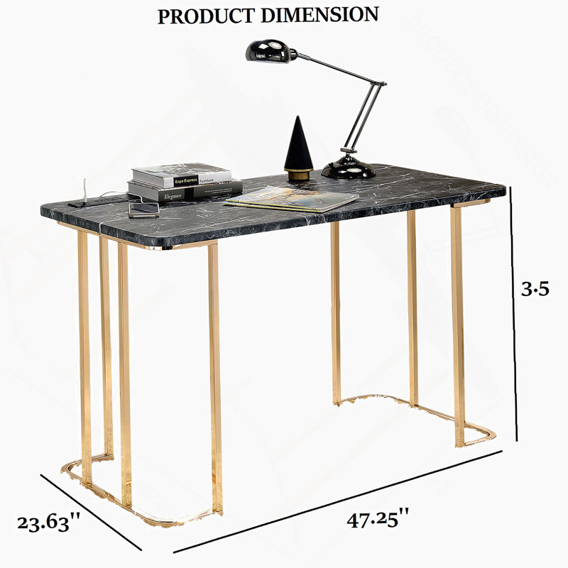 Contemporary Faux Marble Top Desk With USB & Power Outlet, Gold-Plated Steel Frame For Modern Home Office