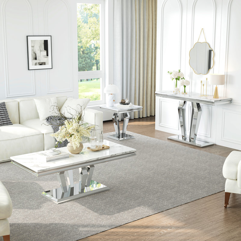 46.8" Console Table With Faux Marble Top & Stainless Steel Frame, White/Silver