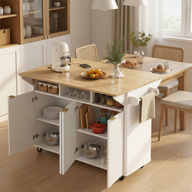 Multi-functional foldable leaf-style countertop mobile kitchen island cart equipped with premium built-in charging station and power outlets