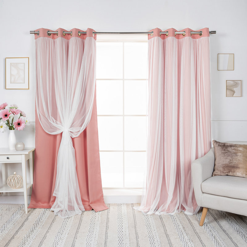 Fortuna Brockham Solid Tulle Overlay Room Darkening Grommet Curtain Panels, Coral, 52" W x 84" L