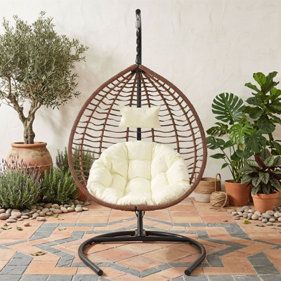 Indoor Outdoor Foldable Hanging Hammock Chair with Stand, HDPE Wicker Egg Chair with Iron Frame and Soft Cushion
