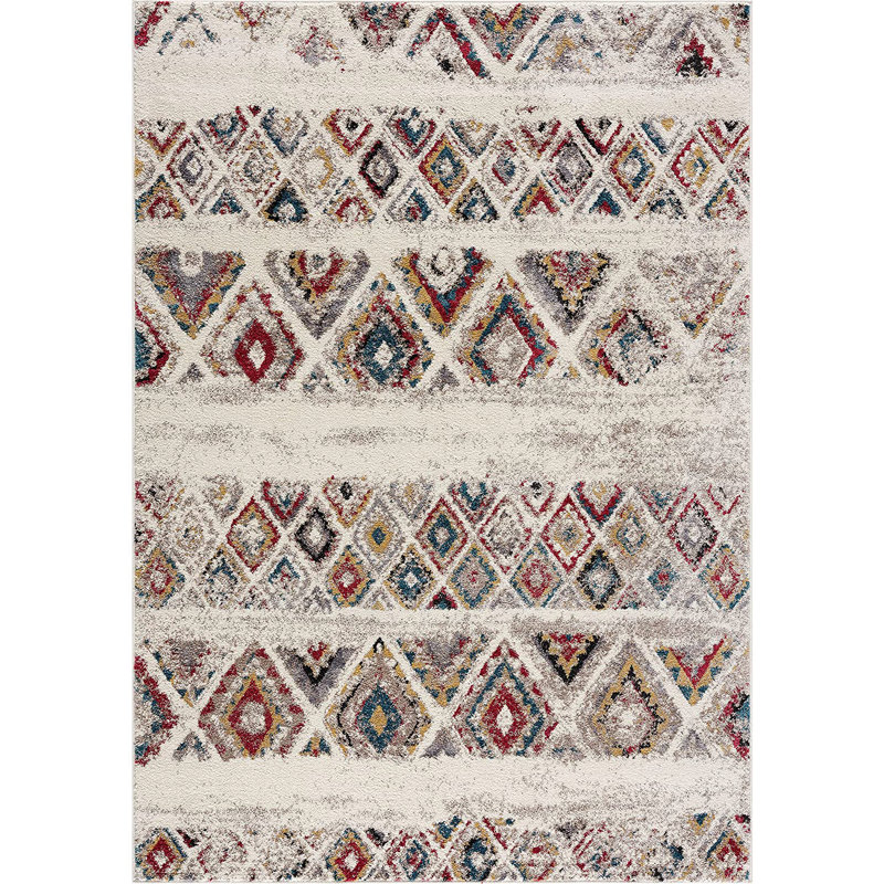 Rug Branch Safa 4' x 6' (3'9" x 5'6") Cream/Red Boho Indoor Area Rug, Contemporary, Medium Pile, Stain-Resistant Carpet - Living Room, Bedroom, Dining Room, and Kitchen