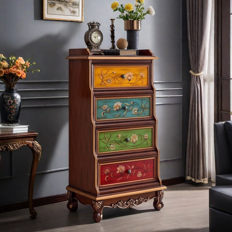 Commode décorative rustique à quatre tiroirs peinte à la main