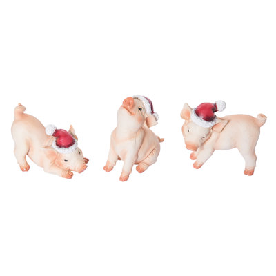  Resin Piglets w/Santa Hat Figurine Set of 3 Christmas Home Decorations