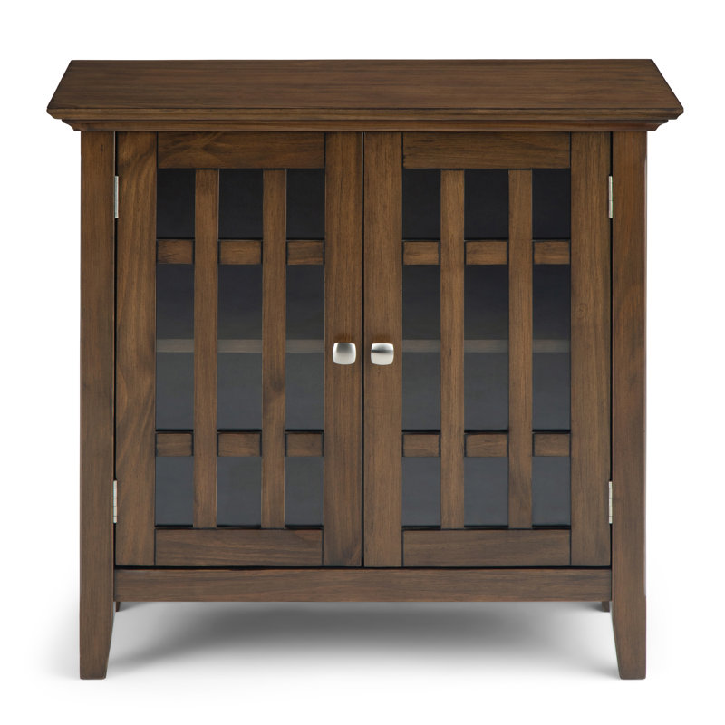Bedford 32"W Solid Wood Transitional Low Media Cabinet with Glass Doors and Adjustable Shelves, Rustic Natural Brown
