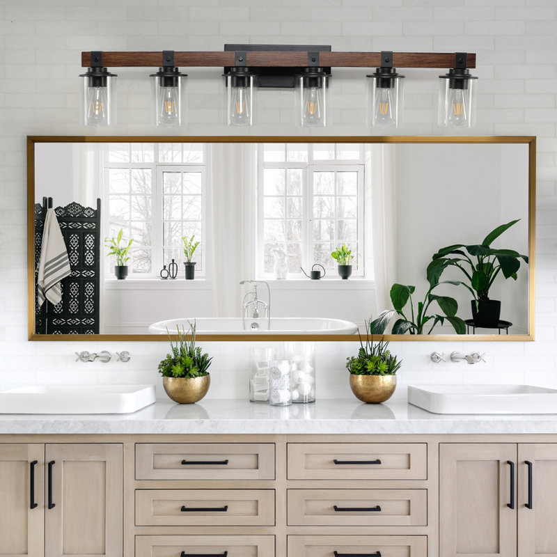 Applique murale de salle de bain 42 po à 6 lumières de style rustique 42 po avec abat-jour en verre et accent de bois, luminaire de maison de campagne moderne (sans ampoules)