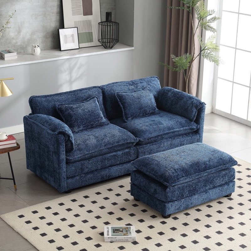 Causeuse avec repose-pieds 76,77 po, Chenille bleu