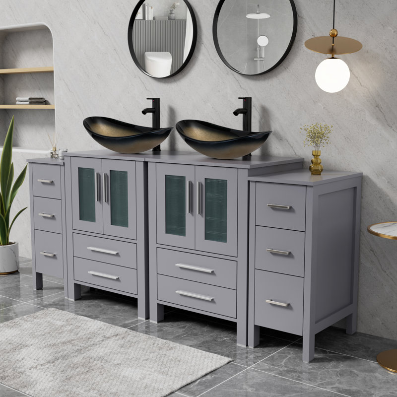 Ensemble de meuble-lavabo à double cuve avec lavabo vasque, comptoir en bois manufacturé, robinet et drain Sharee, Champagne