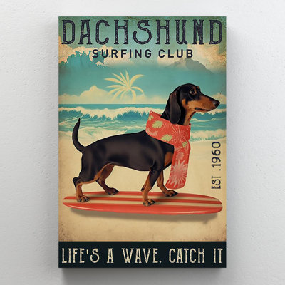 Dachshund Surfing Club - 1 pièce, impression sur toile tendue